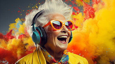 Buy stock photo Senior lady, headphones, adorned in vibrant colors. Stylish, tech-savvy and modern elder in a lively setting. On a vibrant journey with a touch of energetic flair.