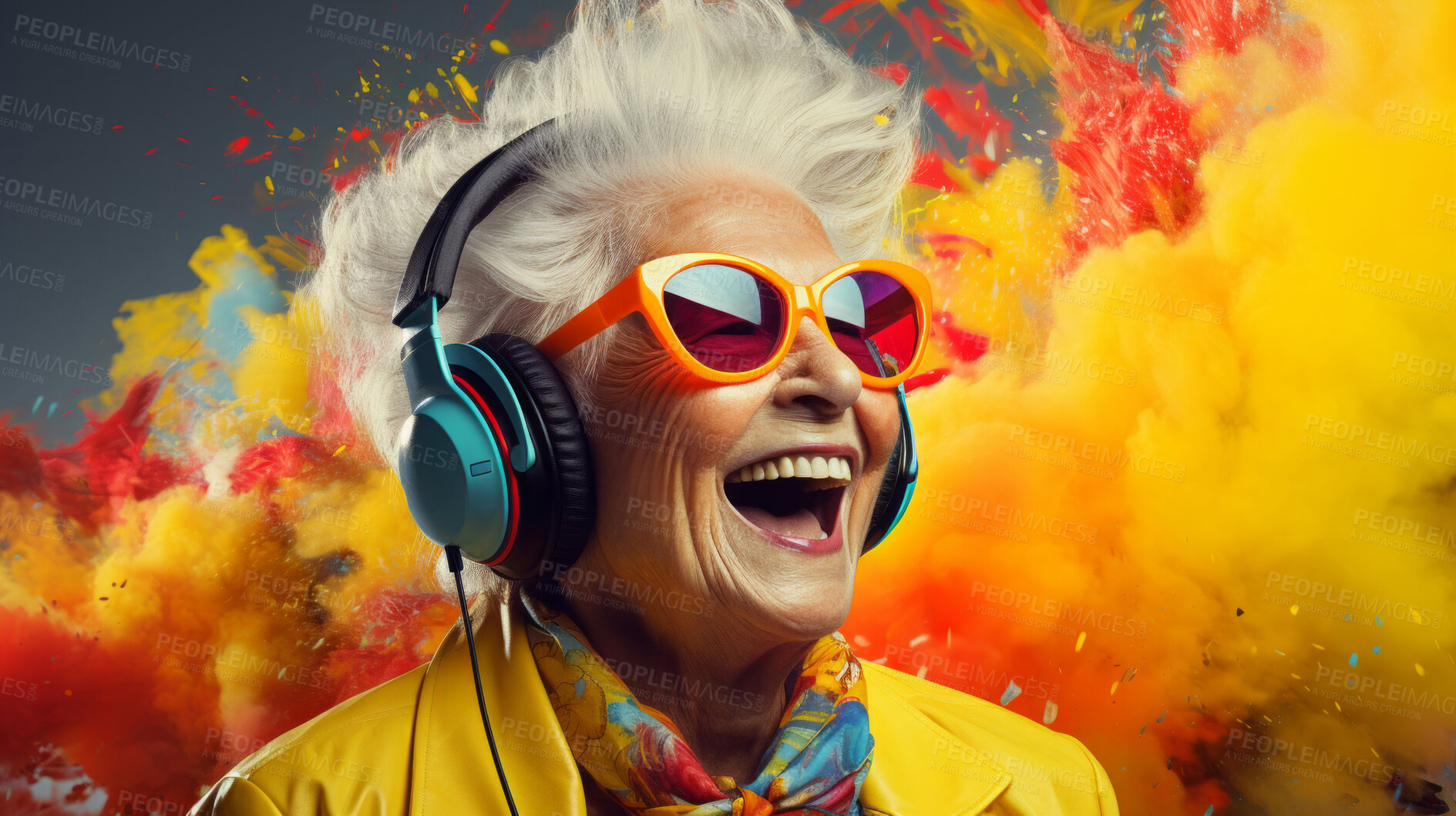 Buy stock photo Senior lady, headphones, adorned in vibrant colors. Stylish, tech-savvy and modern elder in a lively setting. On a vibrant journey with a touch of energetic flair.