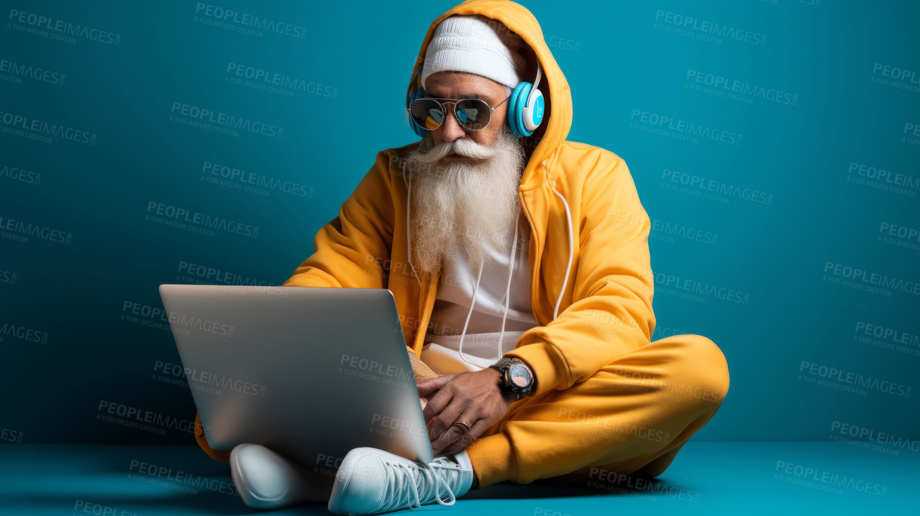 Buy stock photo Senior man, headphones on and working on laptop in vibrant attire. Tech-savvy, focused and stylish elder in a modern setting. On a creative journey with a touch of vibrant energy.