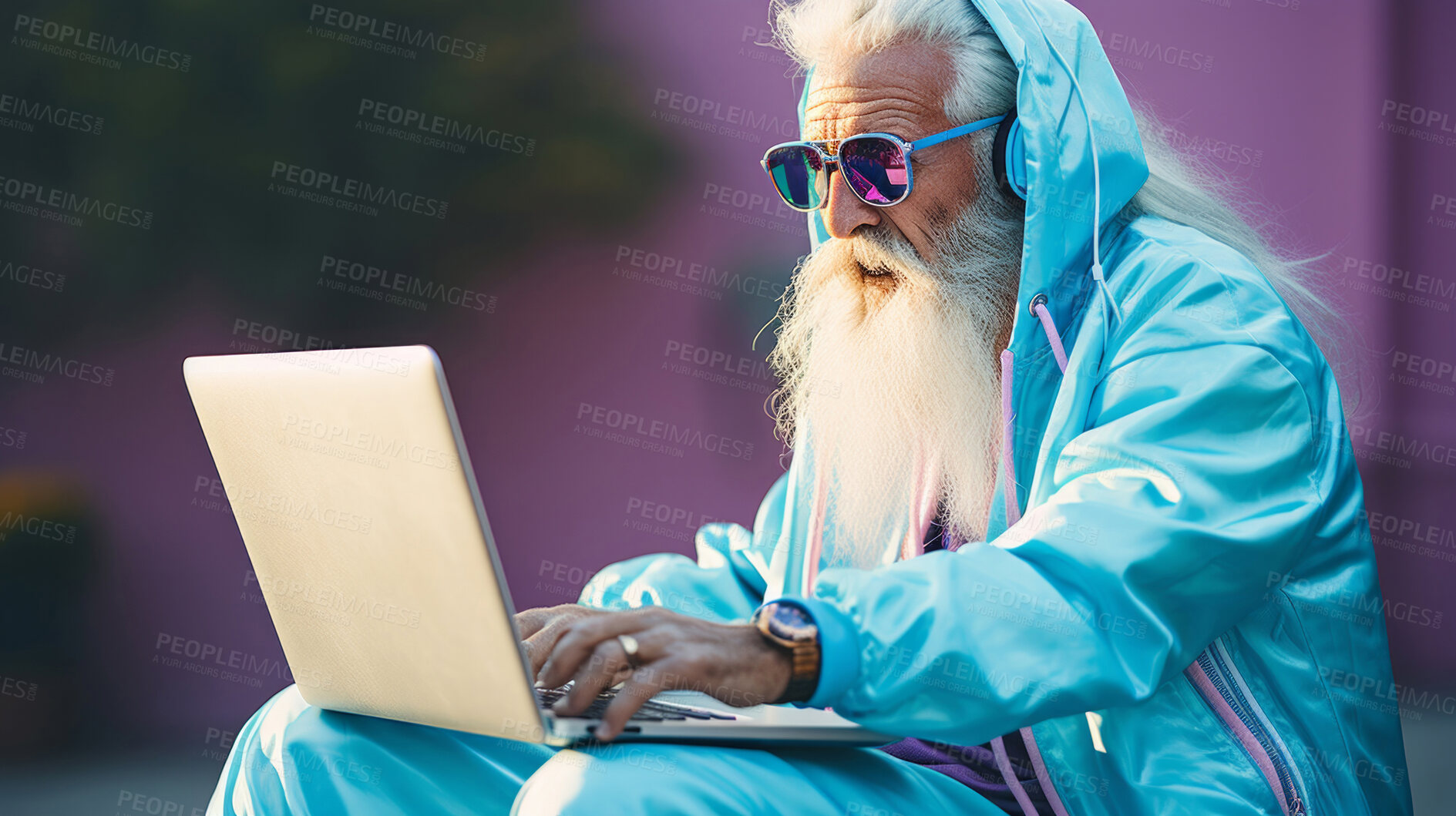 Buy stock photo Senior man, headphones on and working on laptop in vibrant attire. Tech-savvy, focused and stylish elder in a modern setting. On a creative journey with a touch of vibrant energy.