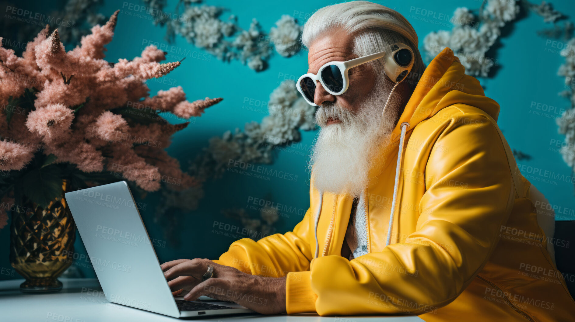 Buy stock photo Senior man, headphones on and working on laptop in vibrant attire. Tech-savvy, focused and stylish elder in a modern setting. On a creative journey with a touch of vibrant energy.