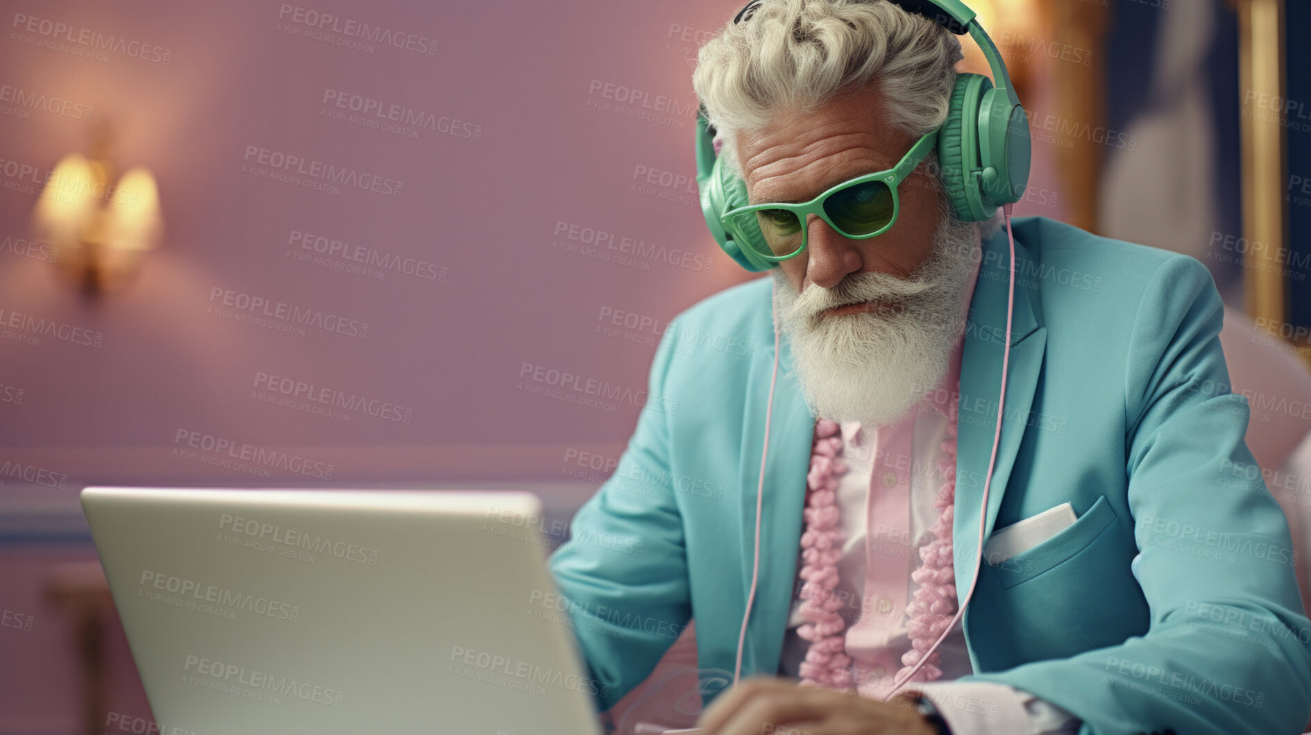 Buy stock photo Senior man, headphones on and working on laptop in vibrant attire. Tech-savvy, focused and stylish elder in a modern setting. On a creative journey with a touch of vibrant energy.