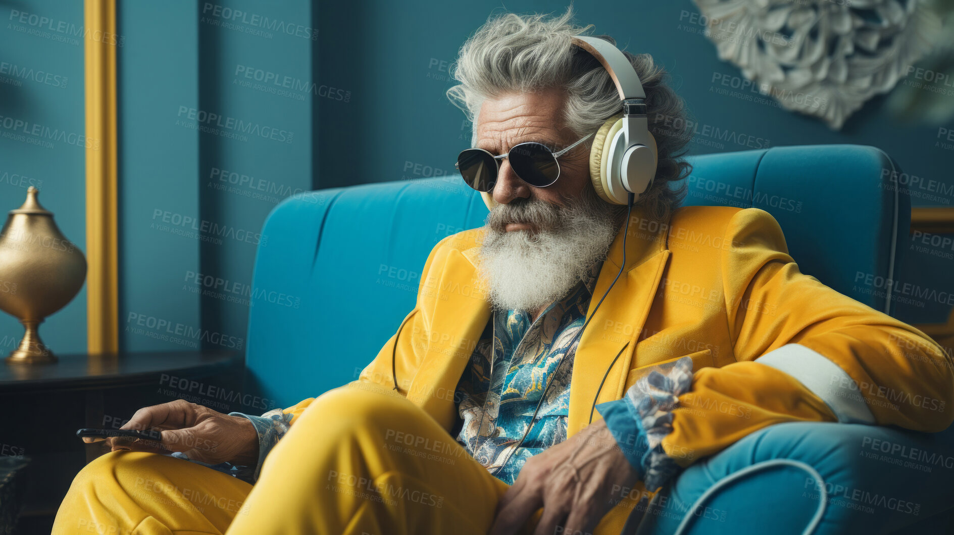 Buy stock photo Senior man, headphones, adorned in vibrant colors. Stylish, tech-savvy and modern elder in a lively setting. On a vibrant journey with a touch of energetic flair.