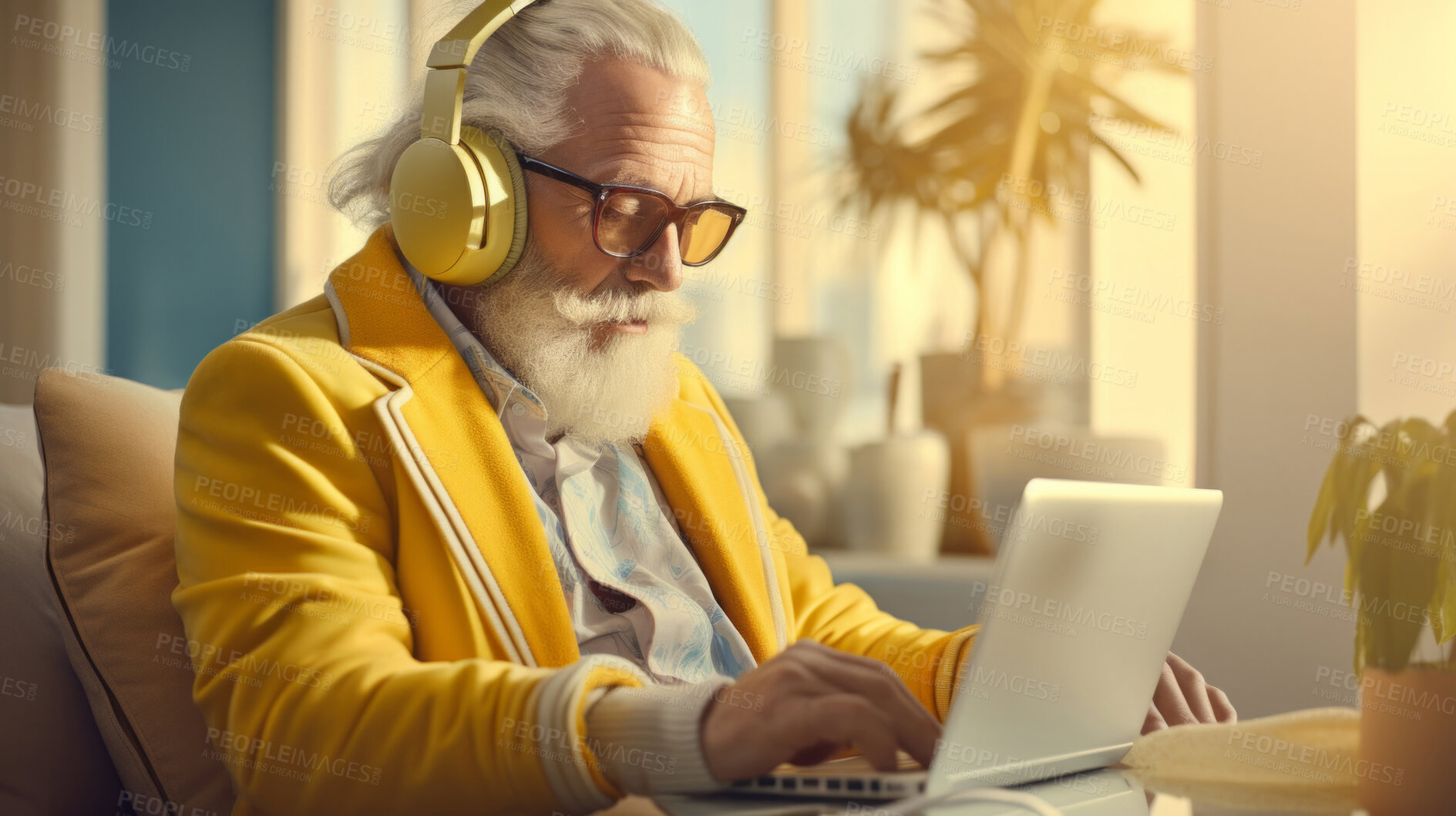 Buy stock photo Senior man, headphones on and working on laptop in vibrant attire. Tech-savvy, focused and stylish elder in a modern setting. On a creative journey with a touch of vibrant energy.