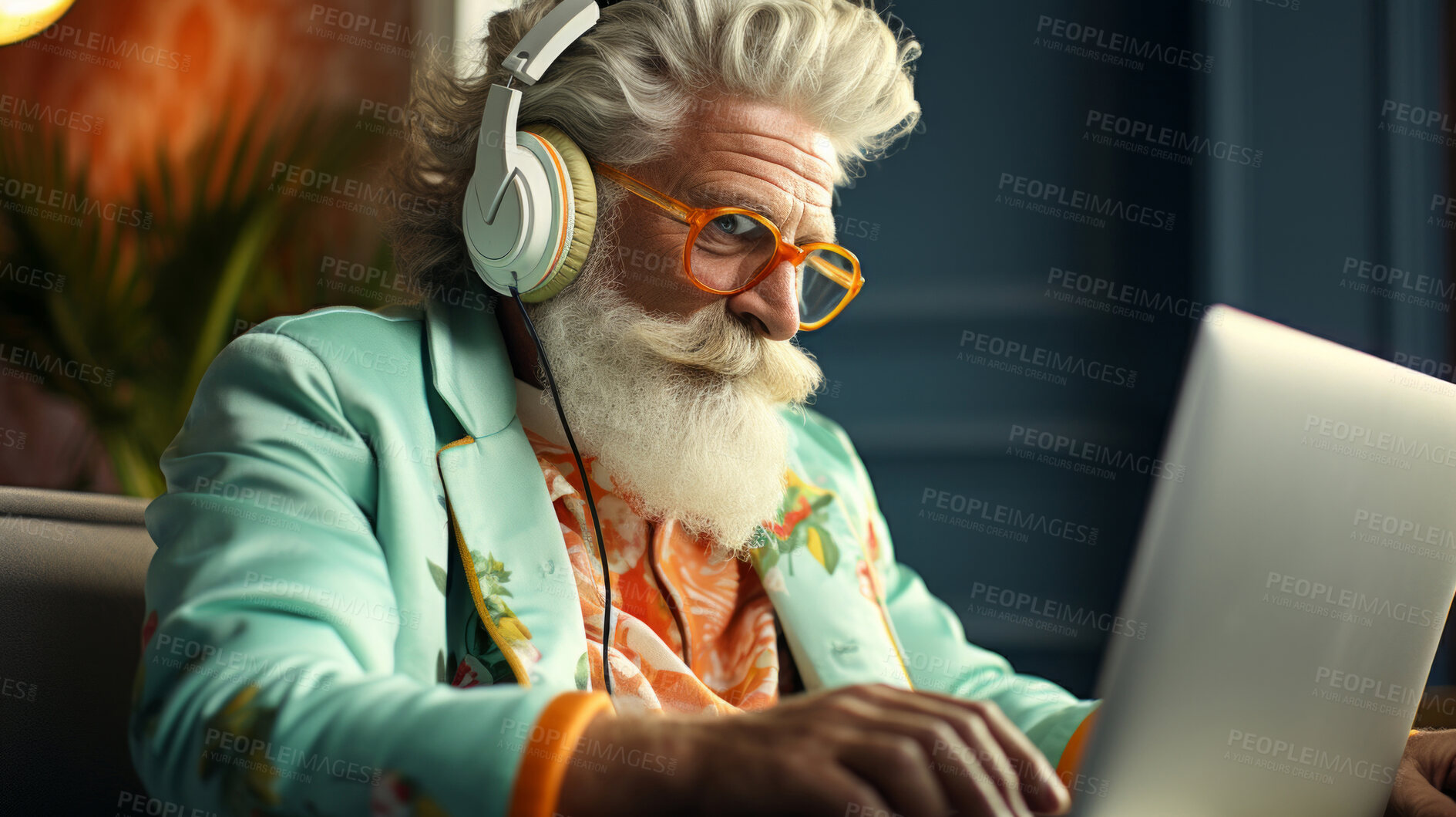 Buy stock photo Senior man, headphones on and working on laptop in vibrant attire. Tech-savvy, focused and stylish elder in a modern setting. On a creative journey with a touch of vibrant energy.