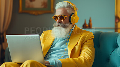 Senior man, headphones on and working on laptop in vibrant attire. Tech-savvy, focused and stylish elder in a modern setting. On a creative journey with a touch of vibrant energy.