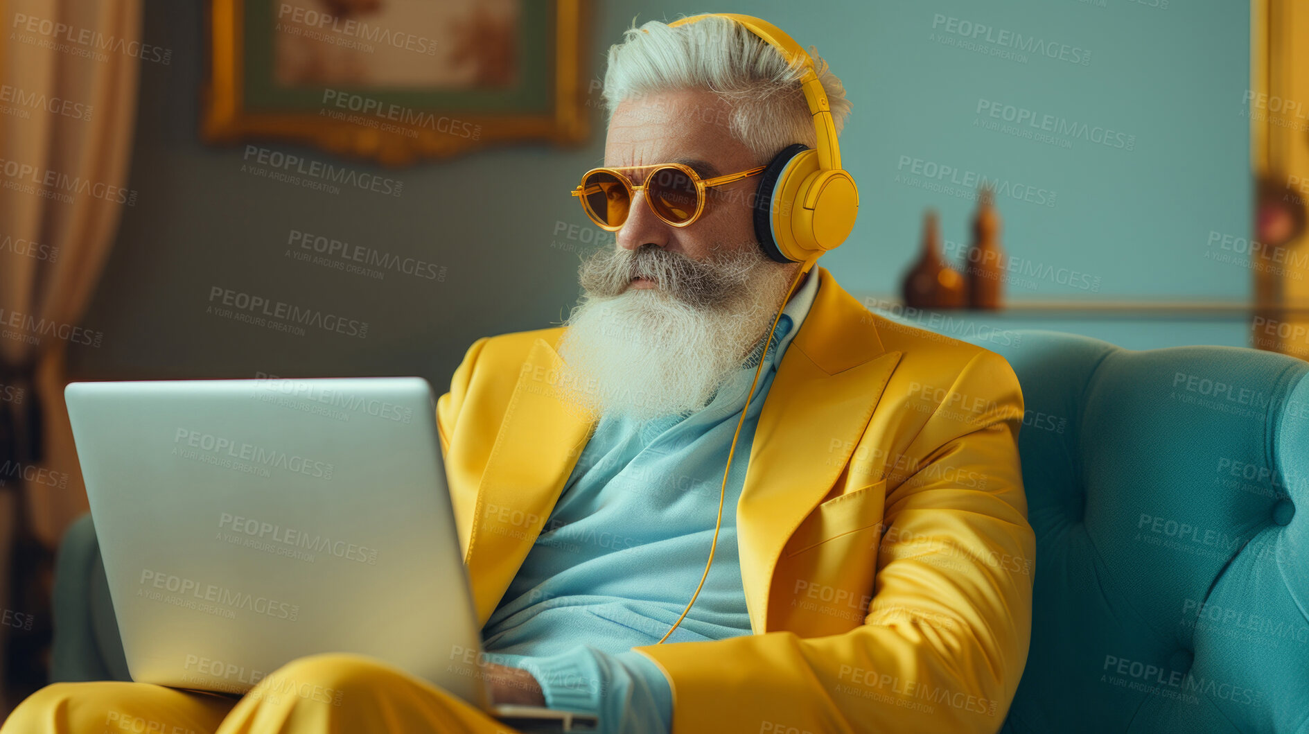 Buy stock photo Senior man, headphones on and working on laptop in vibrant attire. Tech-savvy, focused and stylish elder in a modern setting. On a creative journey with a touch of vibrant energy.