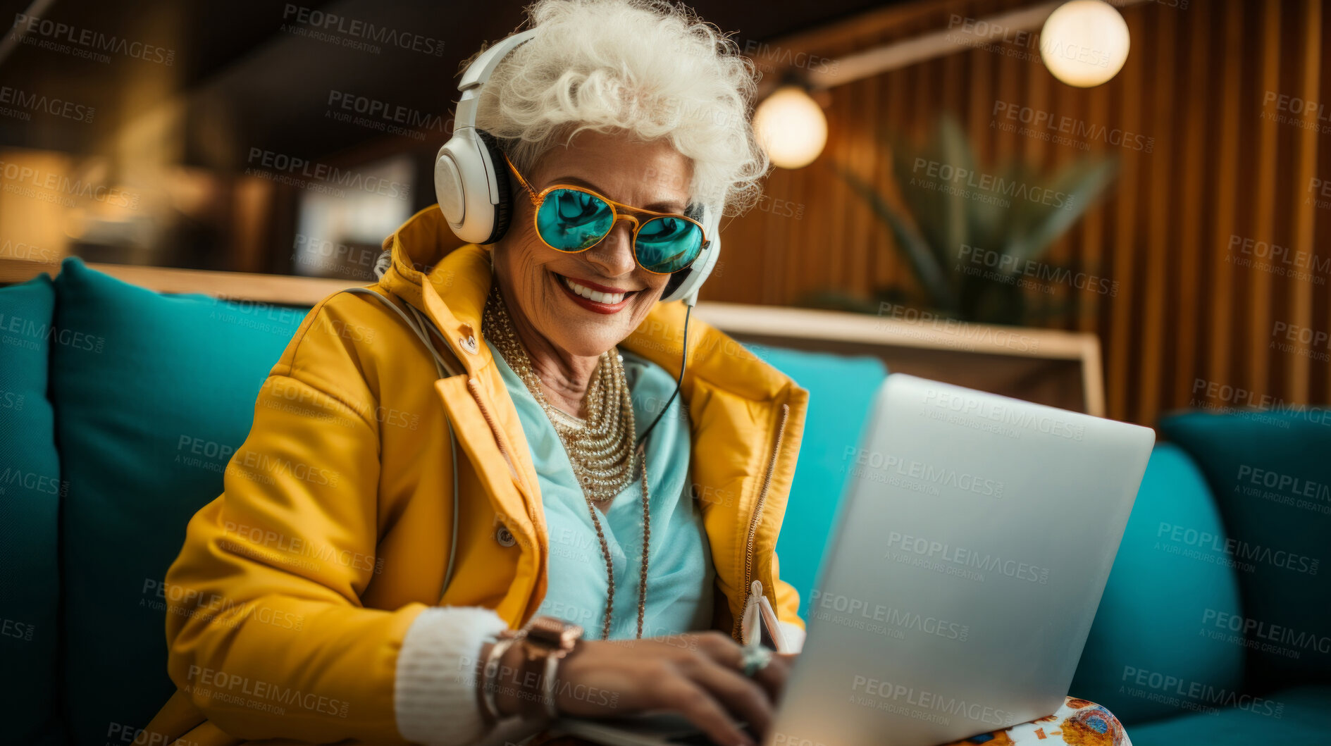 Buy stock photo Senior lady, headphones on and working on laptop in vibrant attire. Tech-savvy, focused and stylish elder in a modern setting. On a creative journey with a touch of vibrant energy.