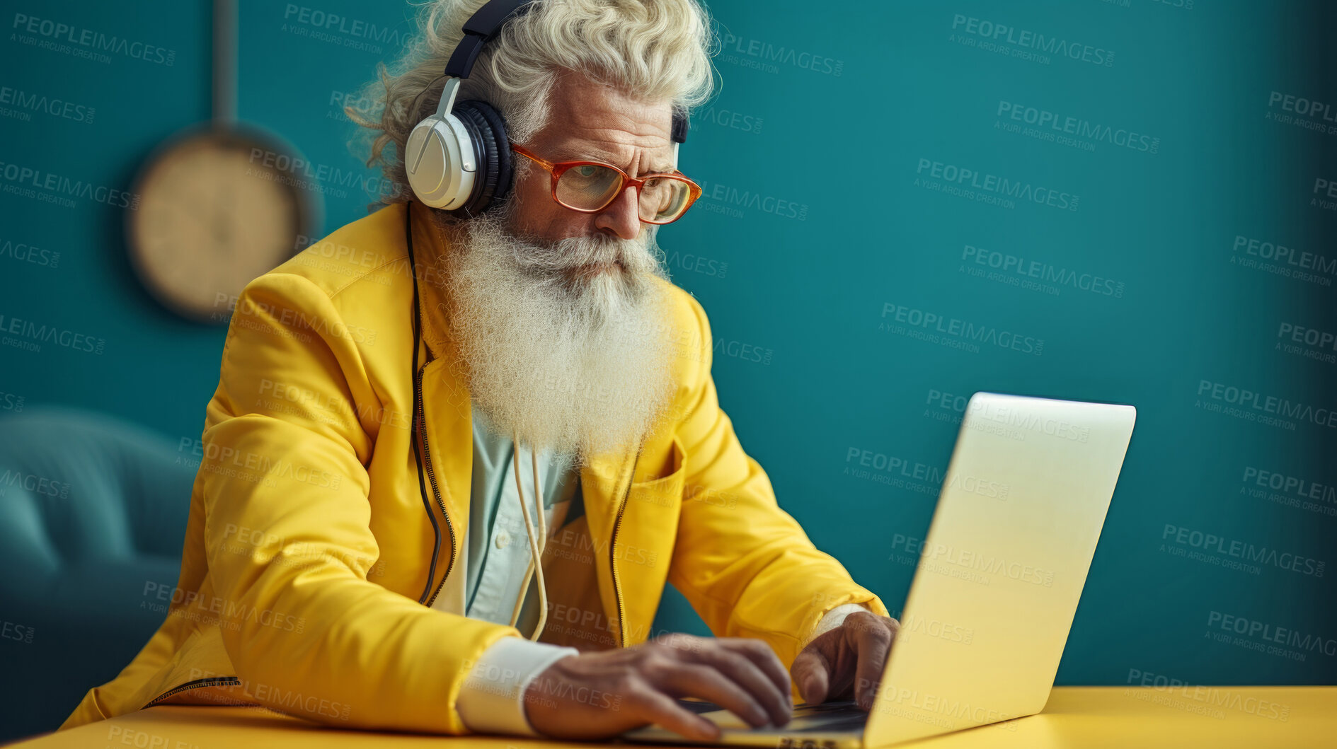 Buy stock photo Senior man, headphones on and working on laptop in vibrant attire. Tech-savvy, focused and stylish elder in a modern setting. On a creative journey with a touch of vibrant energy.