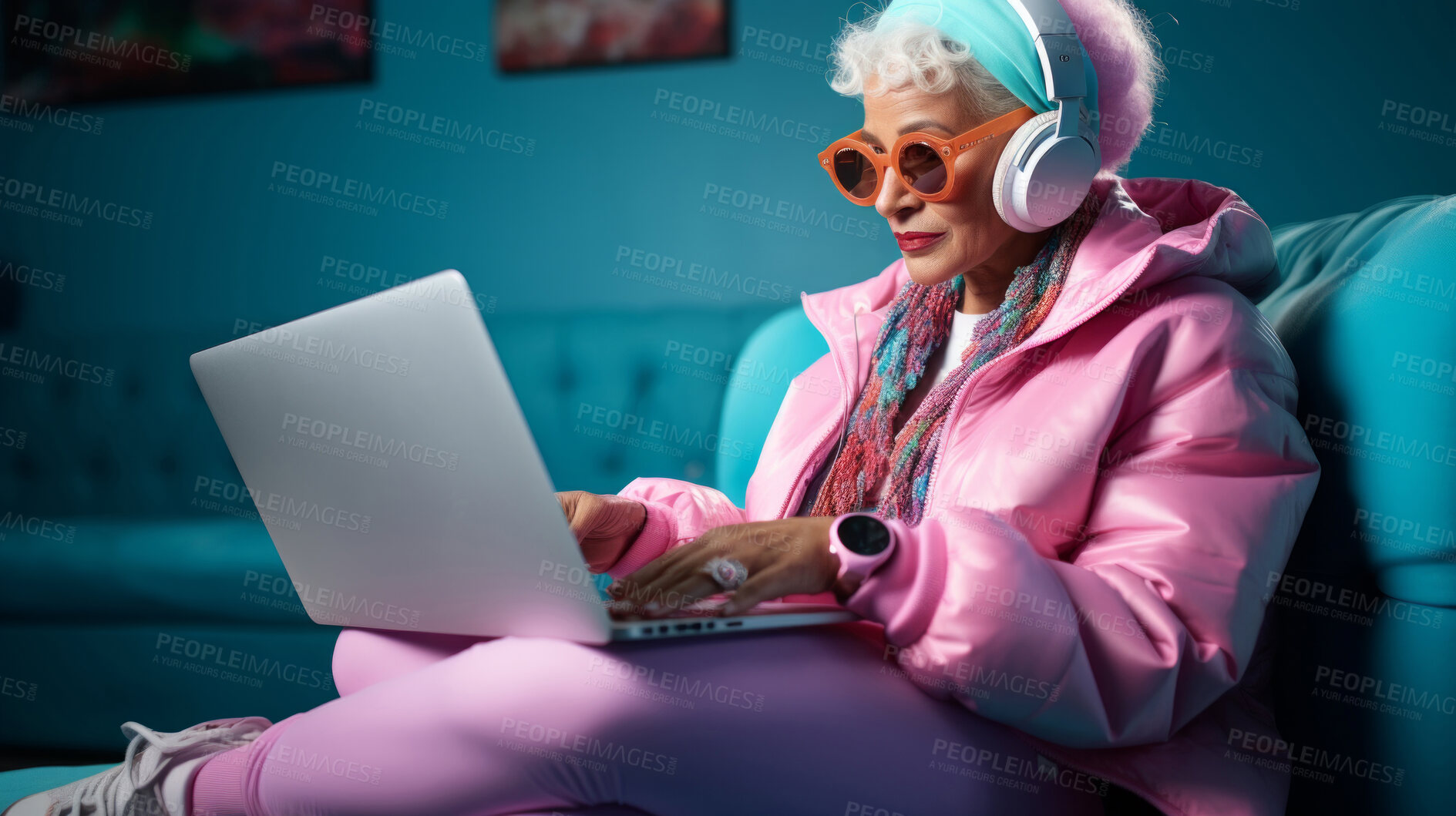 Buy stock photo Senior lady, headphones on and working on laptop in vibrant attire. Tech-savvy, focused and stylish elder in a modern setting. On a creative journey with a touch of vibrant energy.