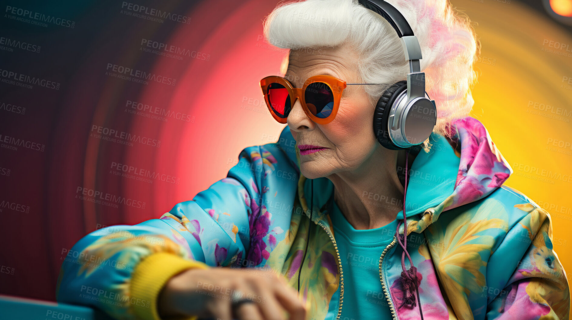 Buy stock photo Senior lady, headphones, adorned in vibrant colors. Stylish, tech-savvy and modern elder in a lively setting. On a vibrant journey with a touch of energetic flair.