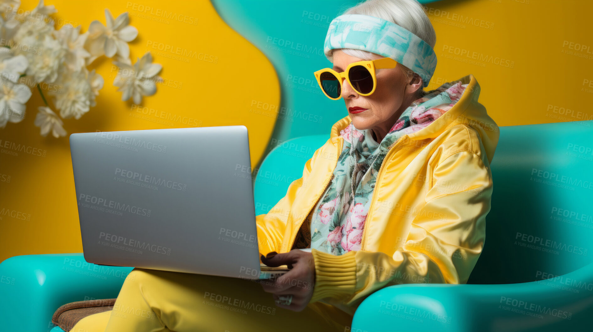 Buy stock photo Senior lady, headphones on and working on laptop in vibrant attire. Tech-savvy, focused and stylish elder in a modern setting. On a creative journey with a touch of vibrant energy.