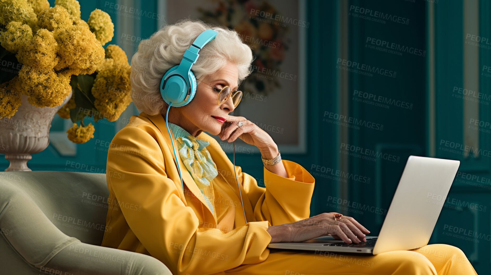 Buy stock photo Senior lady, headphones on and working on laptop in vibrant attire. Tech-savvy, focused and stylish elder in a modern setting. On a creative journey with a touch of vibrant energy.