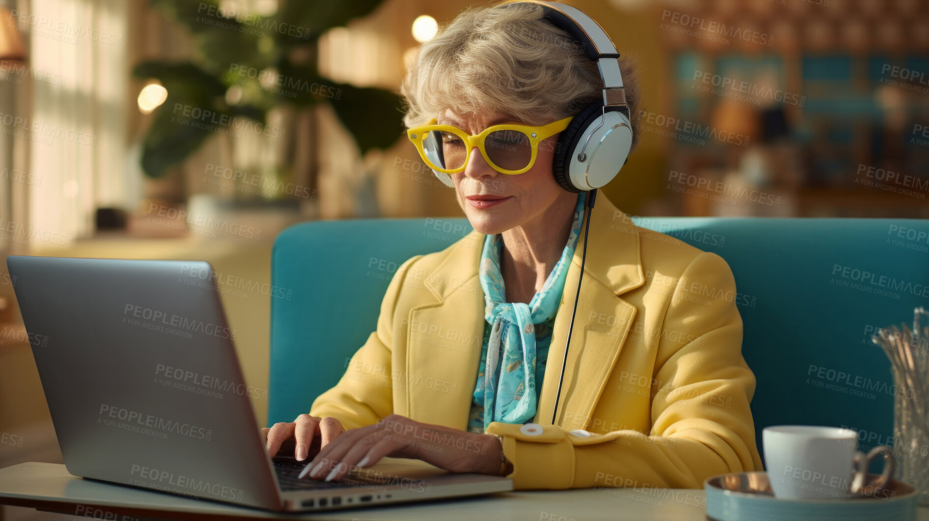 Buy stock photo Senior lady, headphones on and working on laptop in vibrant attire. Tech-savvy, focused and stylish elder in a modern setting. On a creative journey with a touch of vibrant energy.