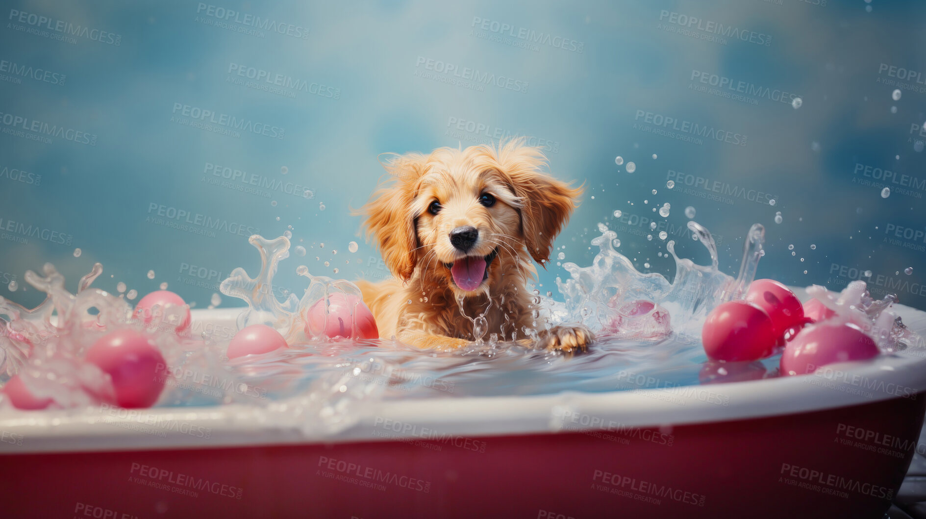 Buy stock photo Puppy, bath and bubbly bliss for adorable cleanliness and joyful pampering. Wet fur, playful bubbles and gentle care. This scene is perfect for pet grooming services, care blogs and heartwarming visuals.