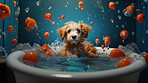 Puppy, bath and bubbly bliss for adorable cleanliness and joyful pampering. Wet fur, playful bubbles and gentle care. This scene is perfect for pet grooming services, care blogs and heartwarming visuals.