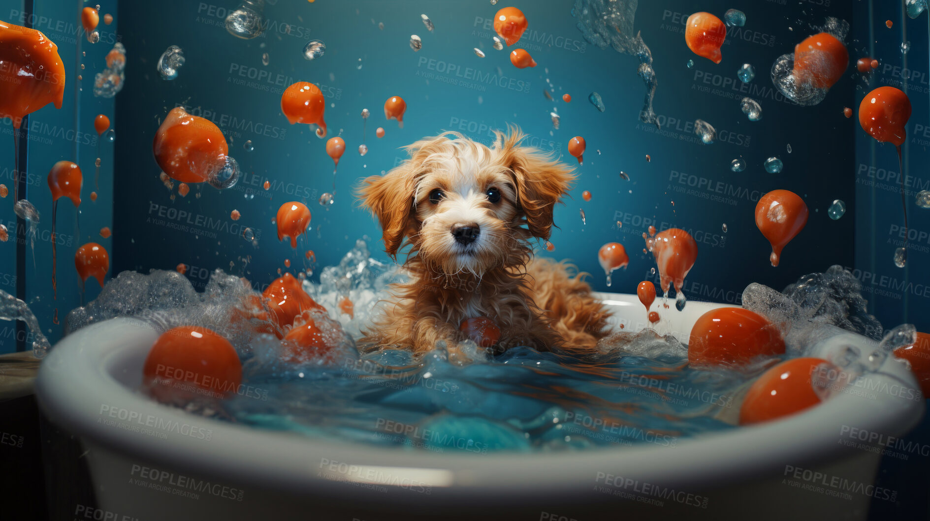 Buy stock photo Puppy, bath and bubbly bliss for adorable cleanliness and joyful pampering. Wet fur, playful bubbles and gentle care. This scene is perfect for pet grooming services, care blogs and heartwarming visuals.