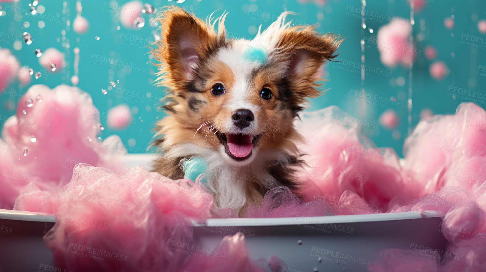 Buy stock photo Puppy, bath and bubbly bliss for adorable cleanliness and joyful pampering. Wet fur, playful bubbles and gentle care. This scene is perfect for pet grooming services, care blogs and heartwarming visuals.