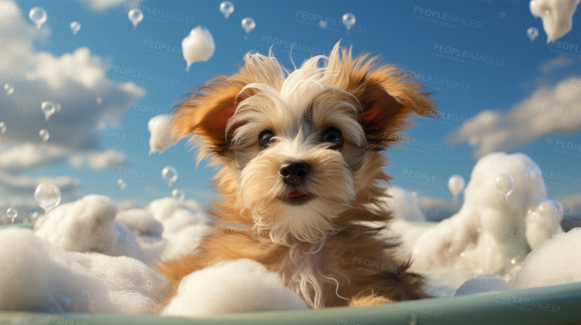 Buy stock photo Cute puppy, bath-time excitement, surrounded by bubbles and playful splashes. Sudsy puppy love, grooming joy, and pure bubbly happiness.