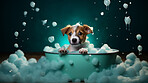 Cute puppy, bath-time excitement, surrounded by bubbles and playful splashes. Sudsy puppy love, grooming joy, and pure bubbly happiness.