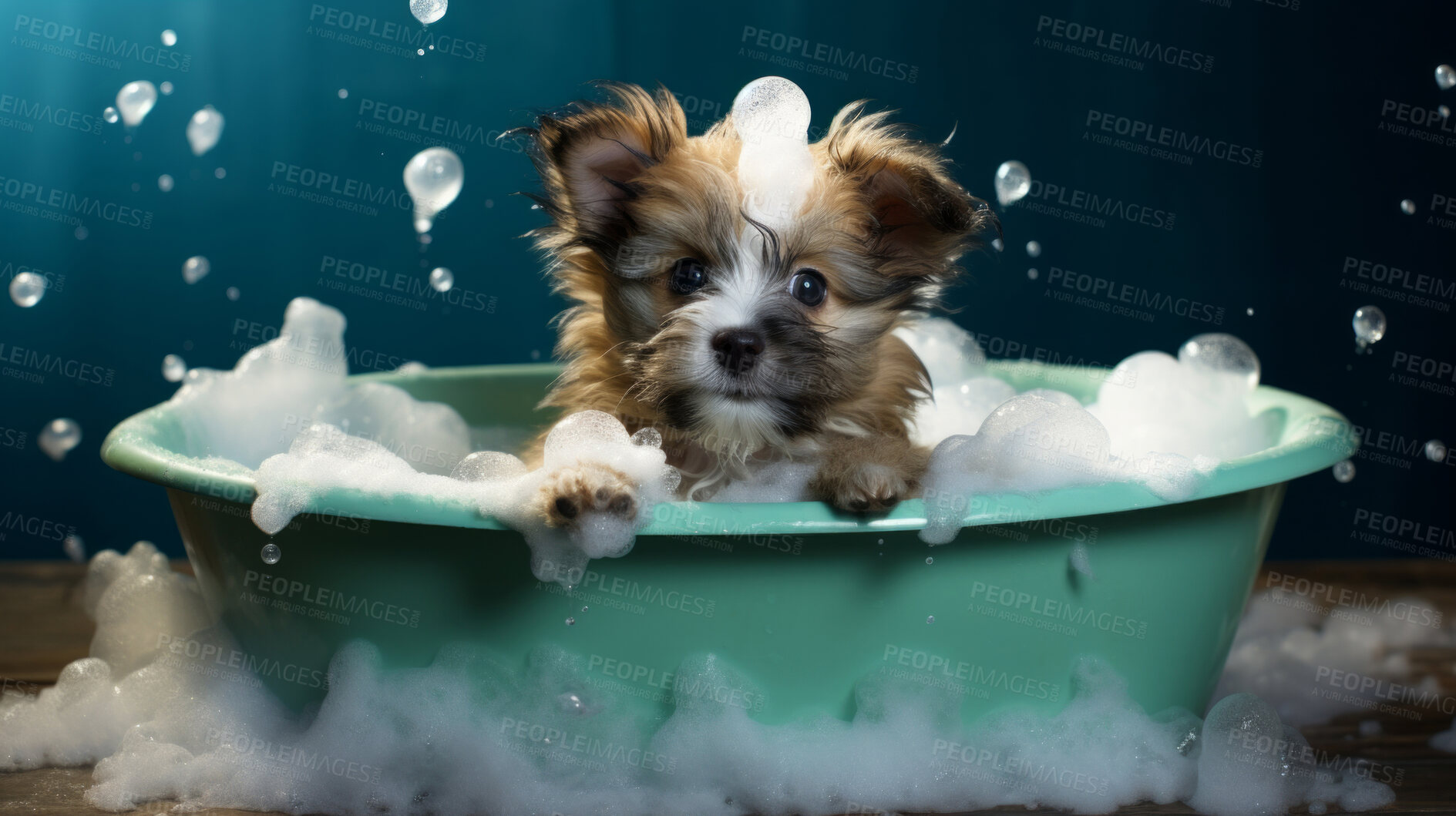 Buy stock photo Cute puppy, bath-time excitement, surrounded by bubbles and playful splashes. Sudsy puppy love, grooming joy, and pure bubbly happiness.