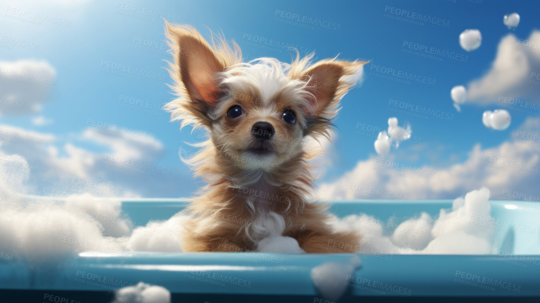 Buy stock photo Cute puppy, bath-time excitement, surrounded by bubbles and playful splashes. Sudsy puppy love, grooming joy, and pure bubbly happiness.