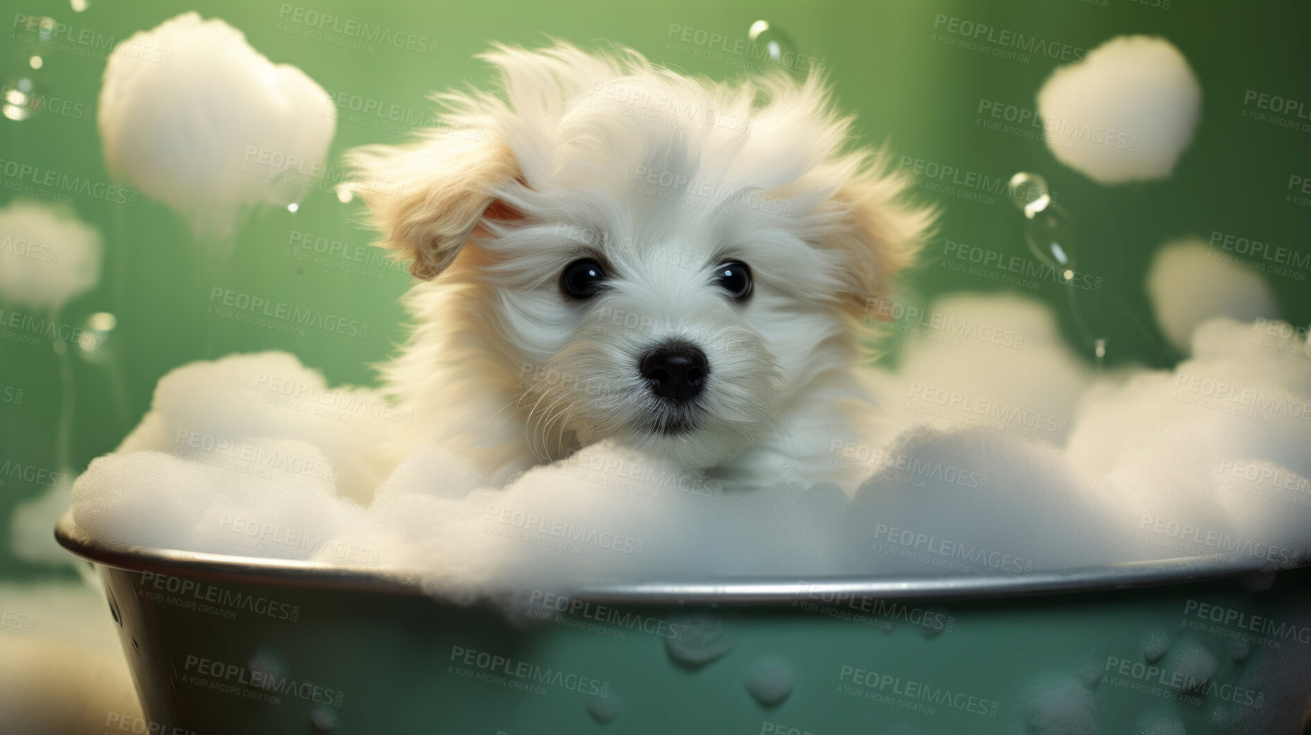 Buy stock photo Cute puppy, bath-time excitement, surrounded by bubbles and playful splashes. Sudsy puppy love, grooming joy, and pure bubbly happiness.