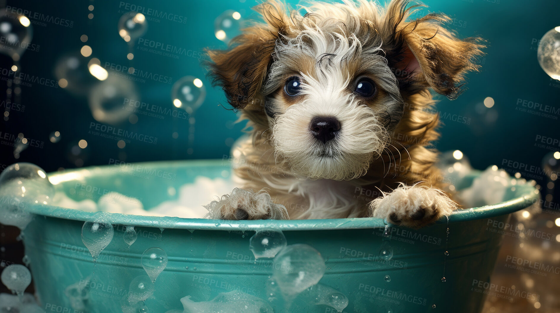 Buy stock photo Cute puppy, bath-time excitement, surrounded by bubbles and playful splashes. Sudsy puppy love, grooming joy, and pure bubbly happiness.