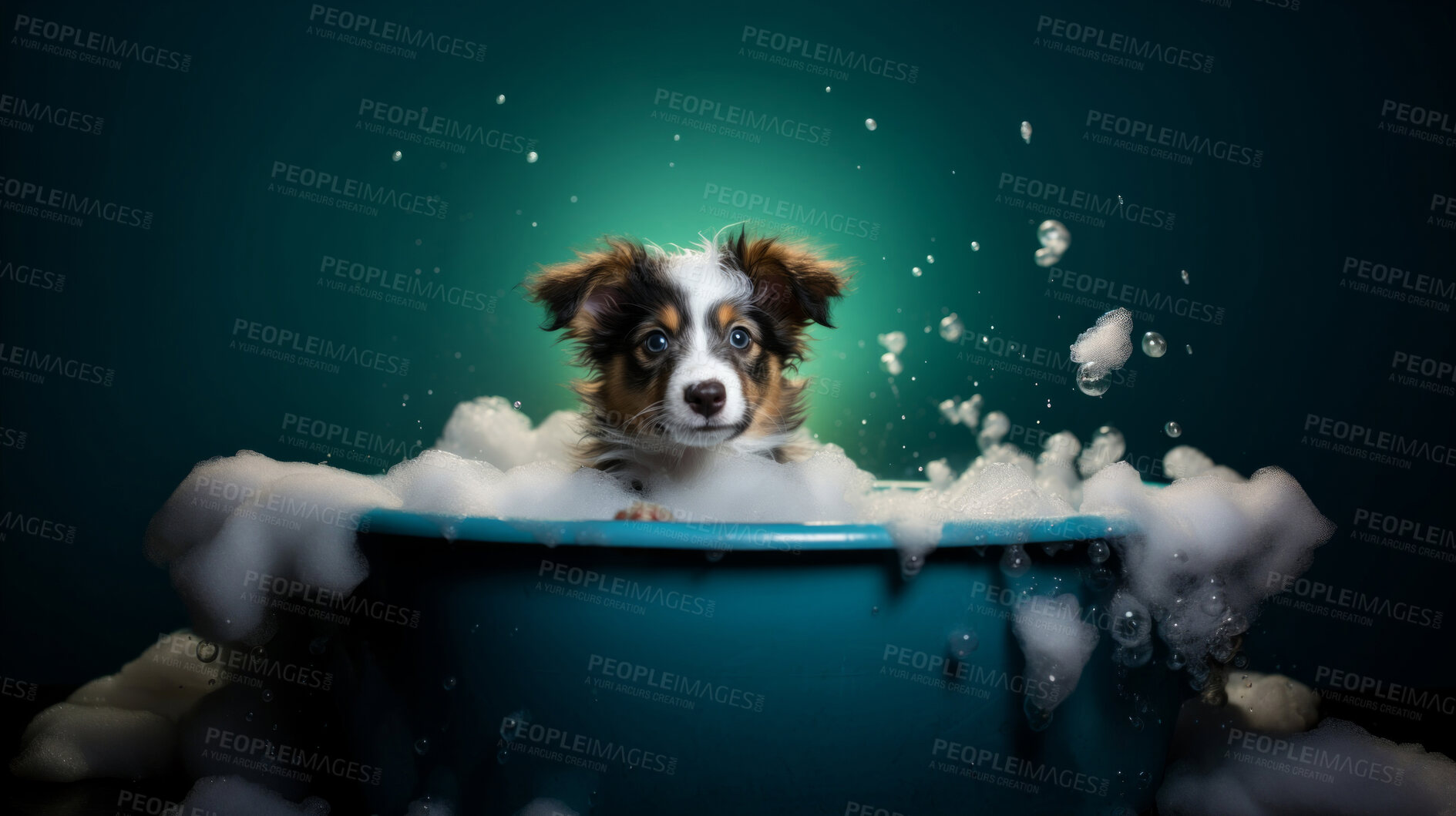 Buy stock photo Cute puppy, bath-time excitement, surrounded by bubbles and playful splashes. Sudsy puppy love, grooming joy, and pure bubbly happiness.