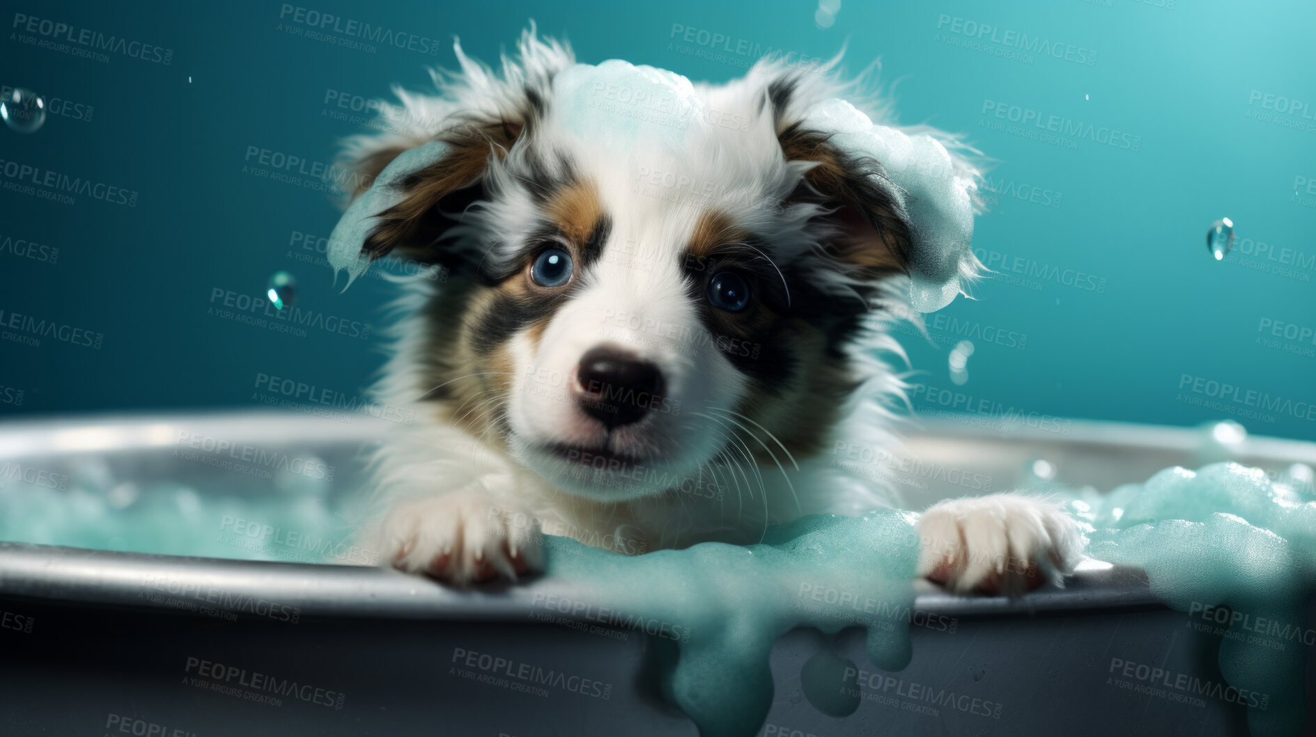 Buy stock photo Cute puppy, bath-time excitement, surrounded by bubbles and playful splashes. Sudsy puppy love, grooming joy, and pure bubbly happiness.