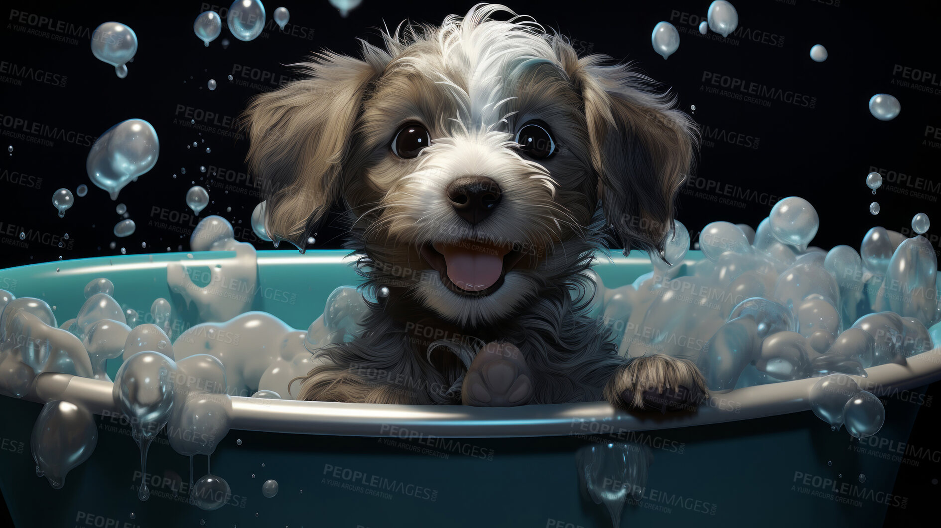 Buy stock photo Cute puppy, bath-time excitement, surrounded by bubbles and playful splashes. Sudsy puppy love, grooming joy, and pure bubbly happiness.