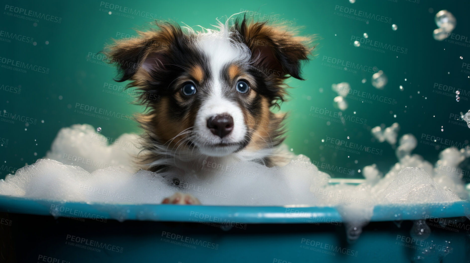 Buy stock photo Cute puppy, bath-time excitement, surrounded by bubbles and playful splashes. Sudsy puppy love, grooming joy, and pure bubbly happiness.