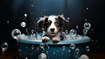 Cute puppy, bath-time excitement, surrounded by bubbles and playful splashes. Sudsy puppy love, grooming joy, and pure bubbly happiness.