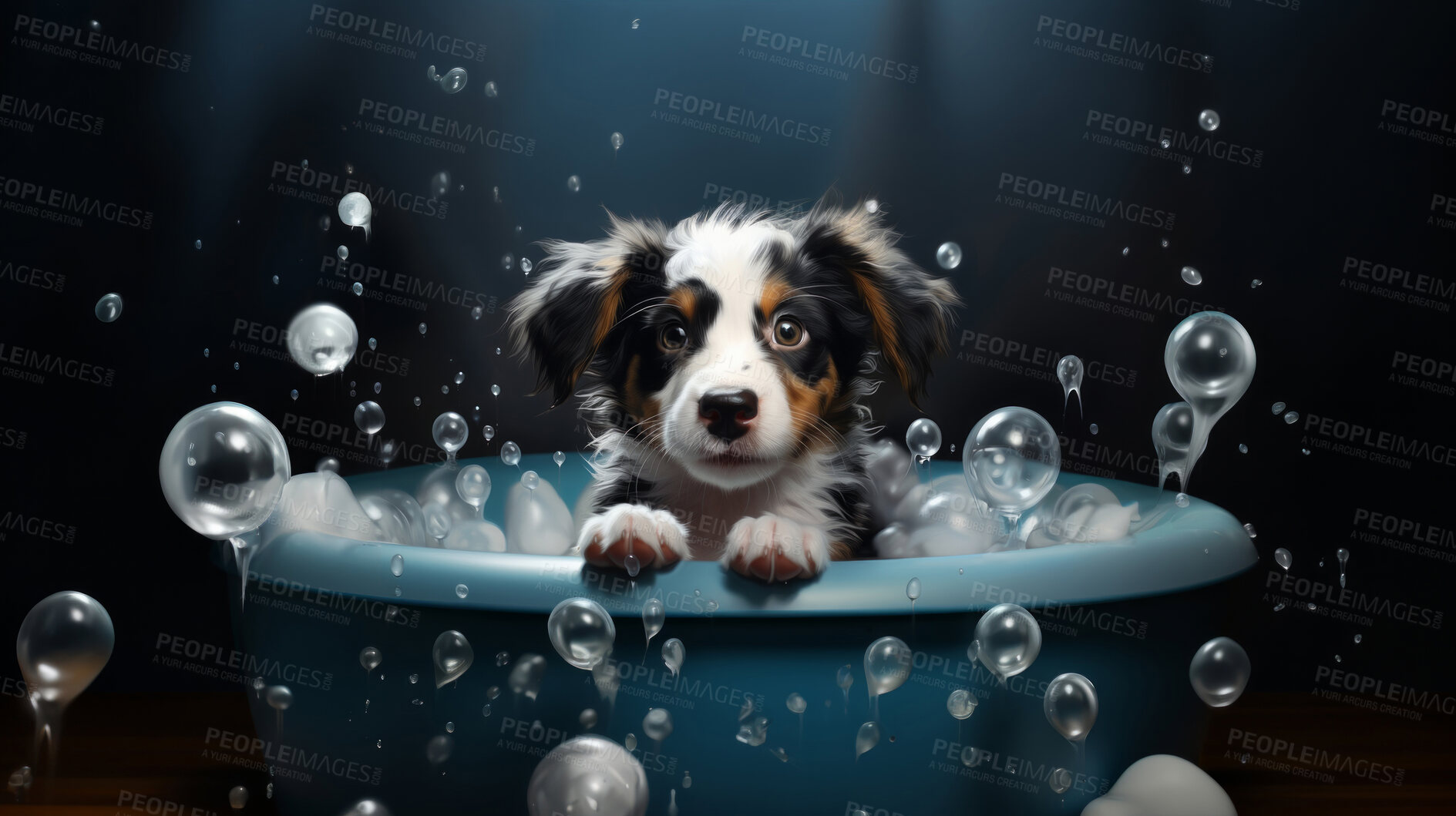 Buy stock photo Cute puppy, bath-time excitement, surrounded by bubbles and playful splashes. Sudsy puppy love, grooming joy, and pure bubbly happiness.