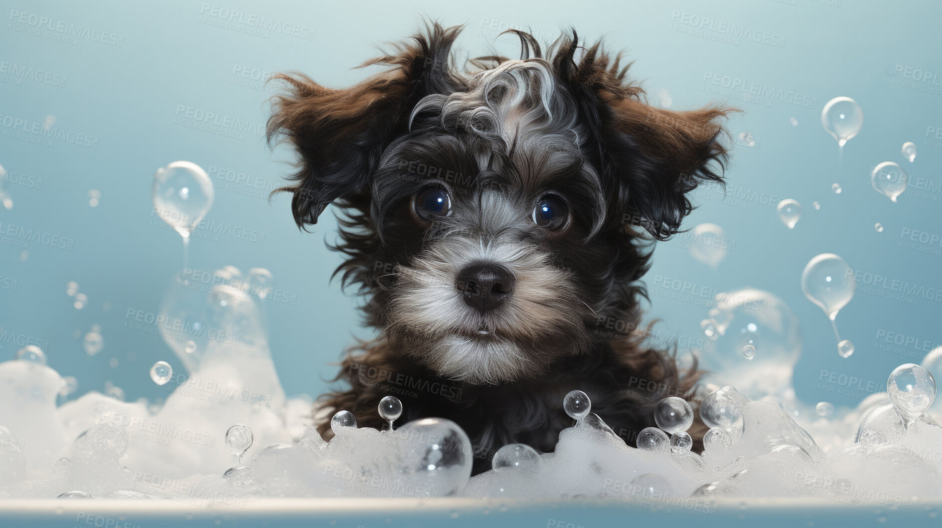 Buy stock photo Puppy, bath and bubbly bliss for adorable cleanliness and joyful pampering. Wet fur, playful bubbles and gentle care. This scene is perfect for pet grooming services, care blogs and heartwarming visuals.