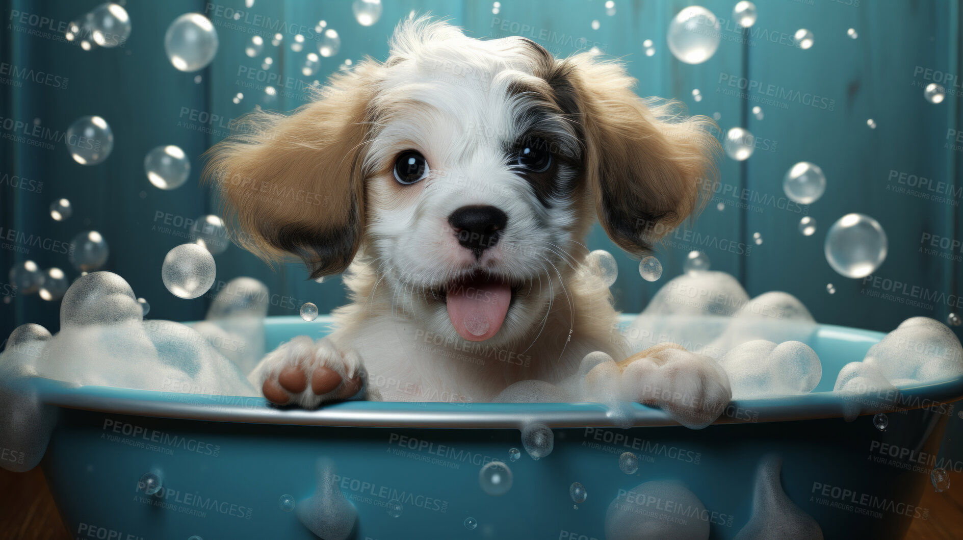 Buy stock photo Puppy, bath and bubbly bliss for adorable cleanliness and joyful pampering. Wet fur, playful bubbles and gentle care. This scene is perfect for pet grooming services, care blogs and heartwarming visuals.