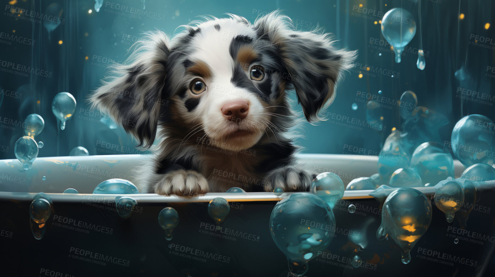 Buy stock photo Puppy, bath and bubbly bliss for adorable cleanliness and joyful pampering. Wet fur, playful bubbles and gentle care. This scene is perfect for pet grooming services, care blogs and heartwarming visuals.