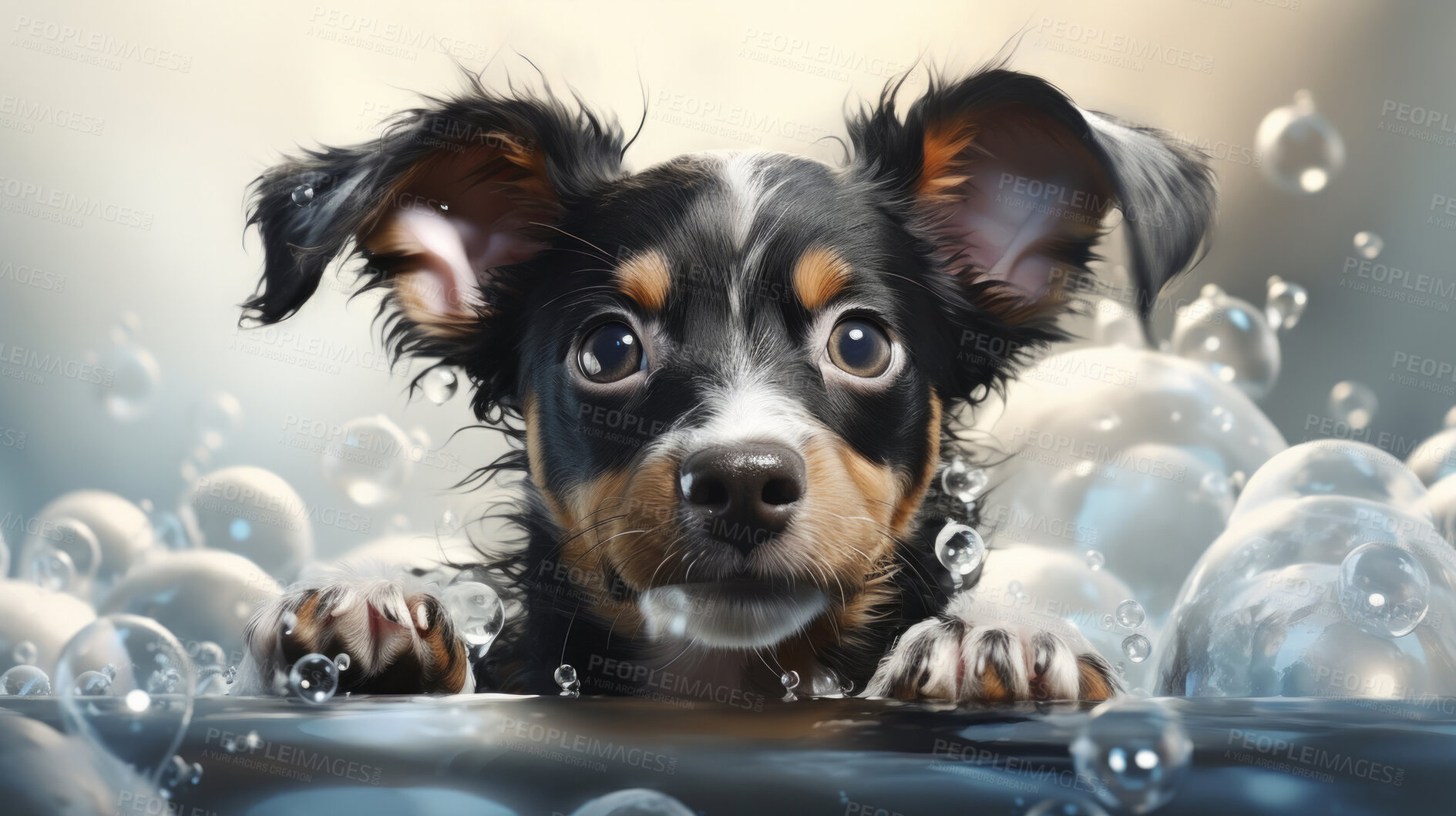 Buy stock photo Puppy, bath and bubbly bliss for adorable cleanliness and joyful pampering. Wet fur, playful bubbles and gentle care. This scene is perfect for pet grooming services, care blogs and heartwarming visuals.