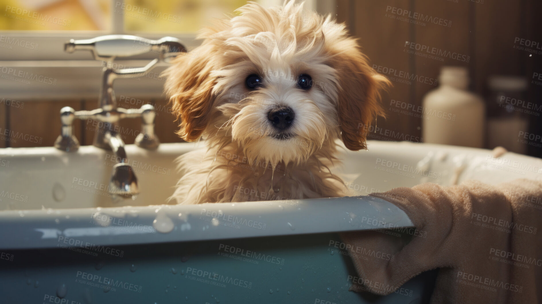 Buy stock photo Puppy, bath and bubbly bliss for adorable cleanliness and joyful pampering. Wet fur, playful bubbles and gentle care. This scene is perfect for pet grooming services, care blogs and heartwarming visuals.