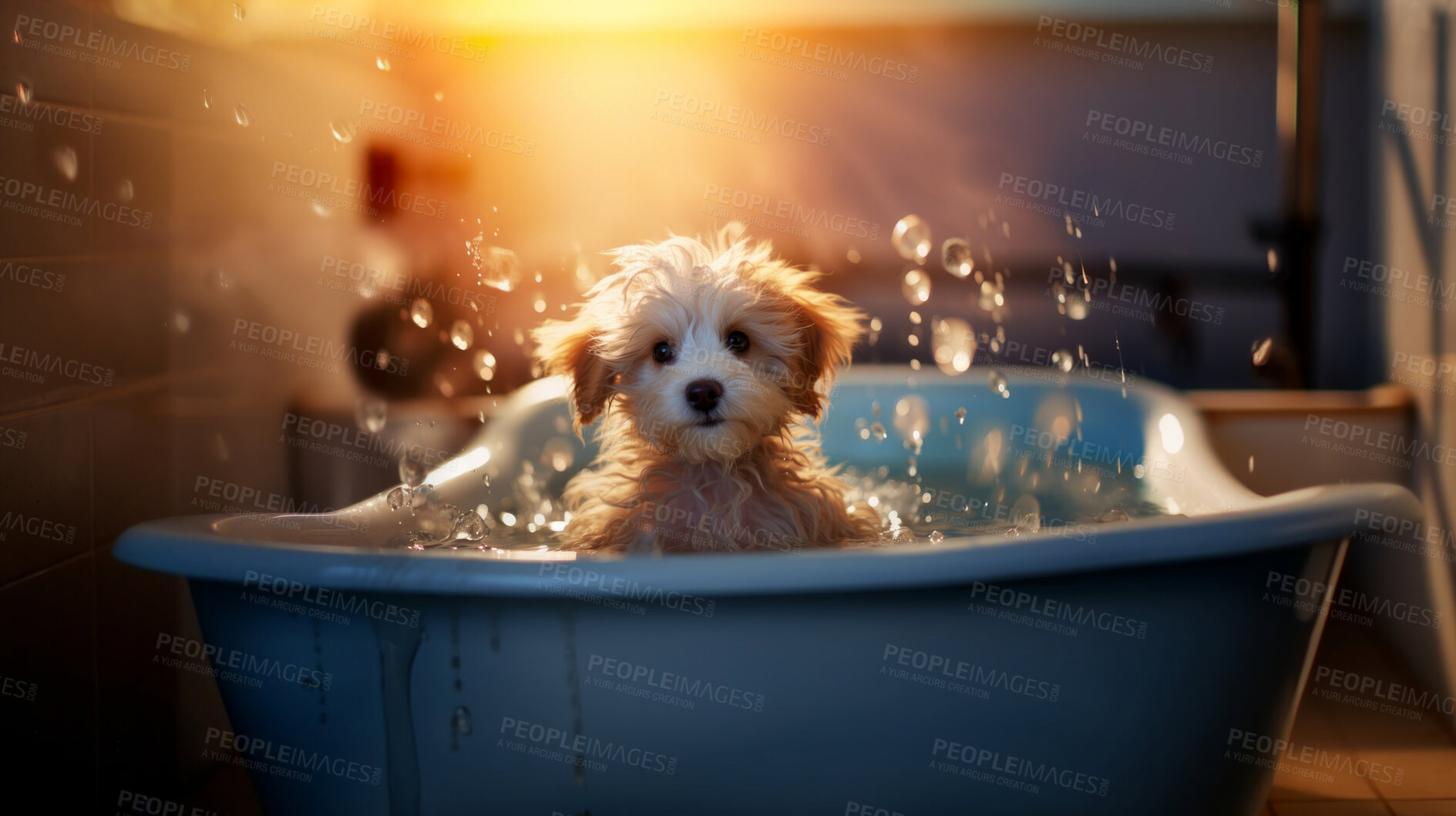 Buy stock photo Puppy, bath and bubbly bliss for adorable cleanliness and joyful pampering. Wet fur, playful bubbles and gentle care. This scene is perfect for pet grooming services, care blogs and heartwarming visuals.