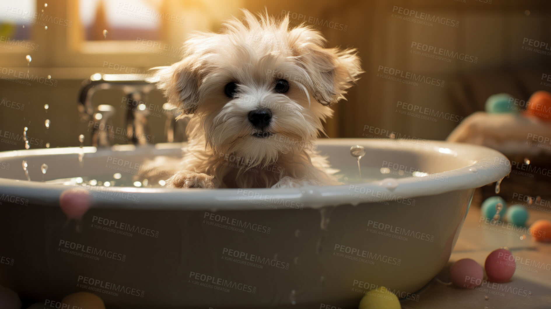 Buy stock photo Puppy, bath and bubbly bliss for adorable cleanliness and joyful pampering. Wet fur, playful bubbles and gentle care. This scene is perfect for pet grooming services, care blogs and heartwarming visuals.