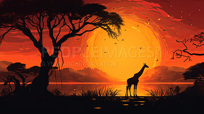 Illustrated sunset, Giraffe at watering hole. Serene, colorful and nature-inspired scene for art, decor and graphic displays. On a creative canvas with a touch of natural beauty.