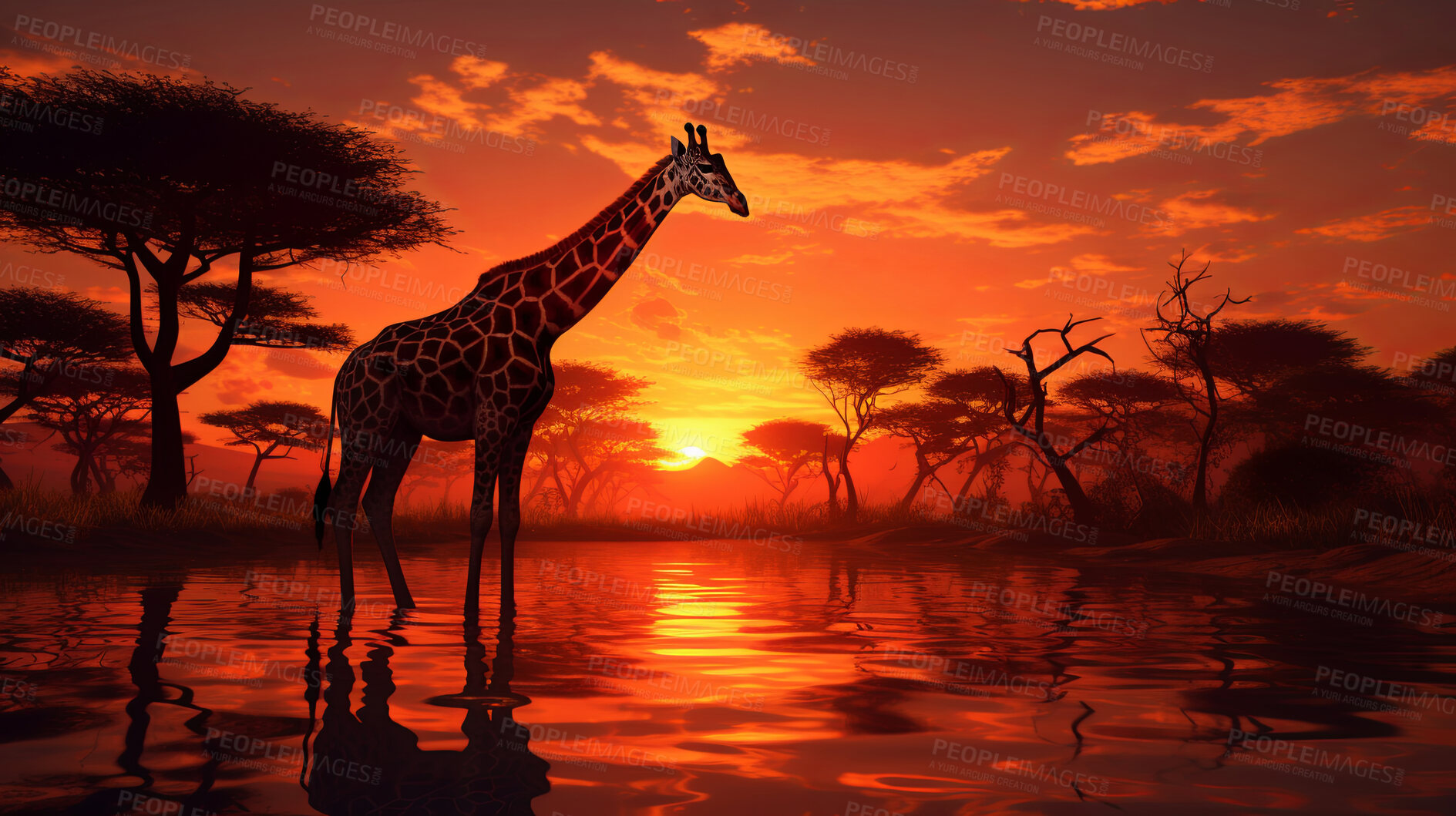 Buy stock photo Illustrated sunset, Giraffe at watering hole. Serene, colorful and nature-inspired scene for art, decor and graphic displays. On a creative canvas with a touch of natural beauty.