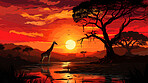 Illustrated sunset, Giraffe at watering hole. Serene, colorful and nature-inspired scene for art, decor and graphic displays. On a creative canvas with a touch of natural beauty.