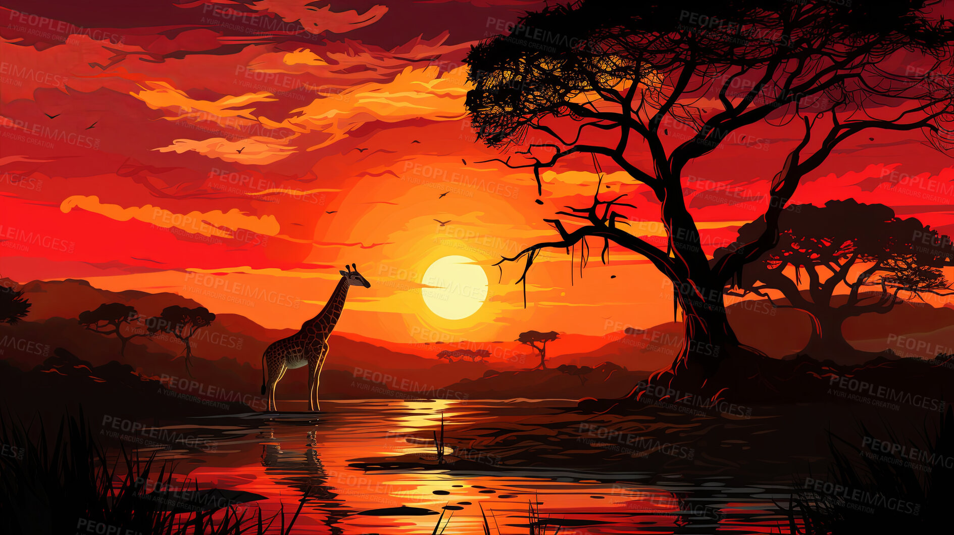 Buy stock photo Illustrated sunset, Giraffe at watering hole. Serene, colorful and nature-inspired scene for art, decor and graphic displays. On a creative canvas with a touch of natural beauty.