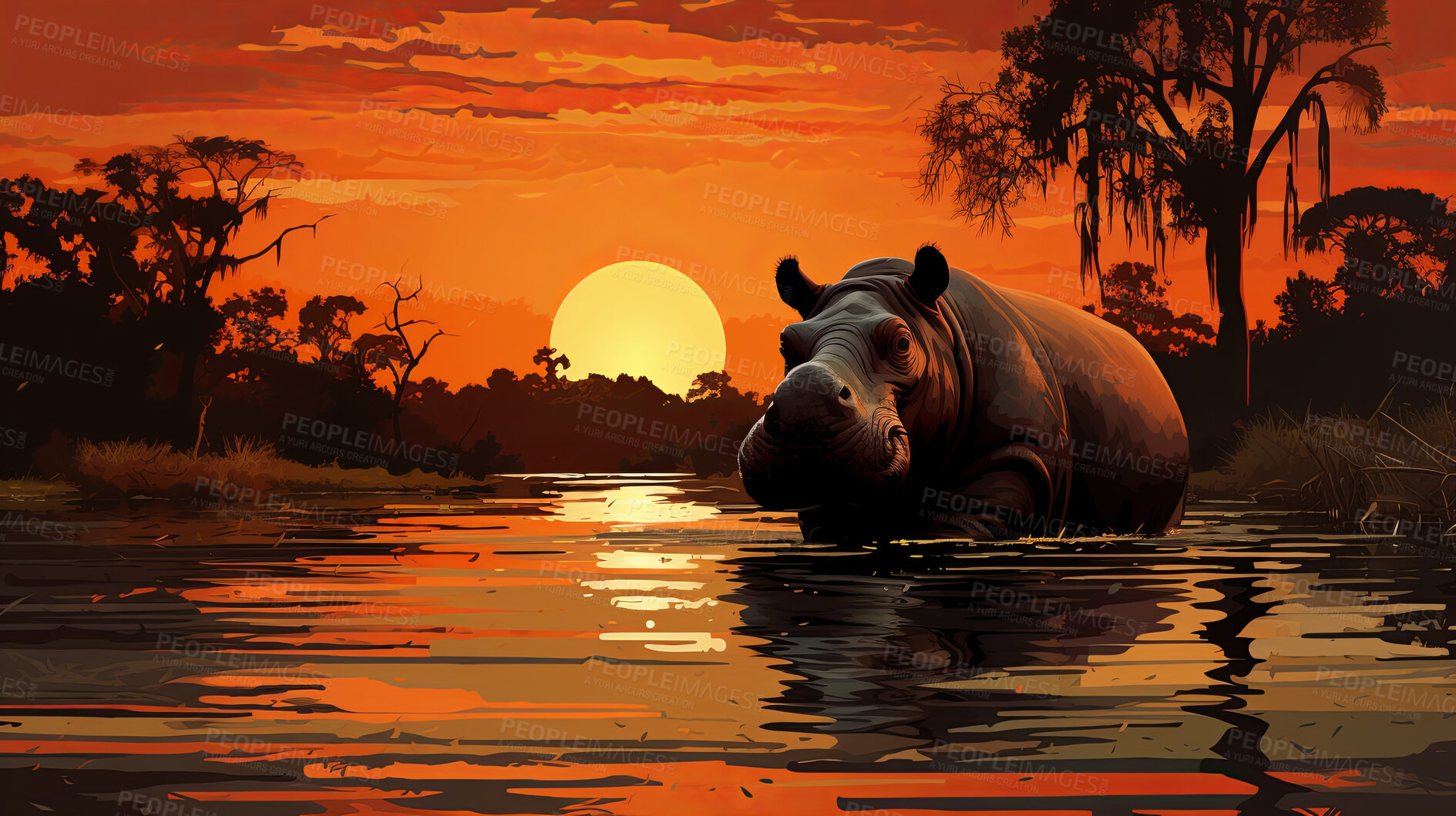 Buy stock photo Illustrated sunset, Hippo at watering hole. Serene, colorful and nature-inspired scene for art, decor and graphic displays. On a creative canvas with a touch of natural beauty.