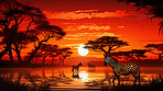 Illustrated sunset, Zebra at watering hole. Serene, colorful and nature-inspired scene for art, decor and graphic displays. On a creative canvas with a touch of natural beauty.