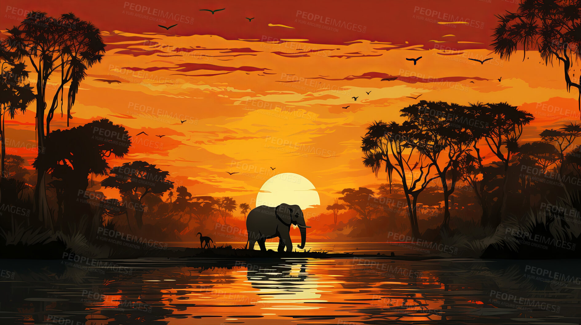 Buy stock photo Illustrated sunset, Elephant at watering hole. Serene, colorful and nature-inspired scene for art, decor and graphic displays. On a creative canvas with a touch of natural beauty.