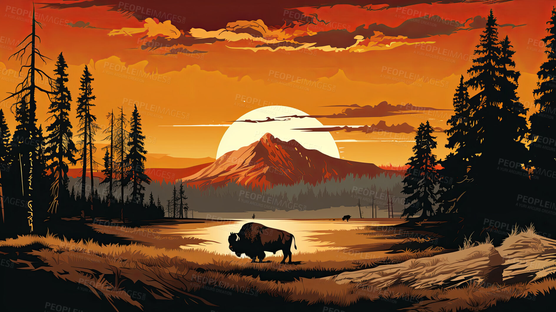 Buy stock photo Illustrated sunset, Buffalo at watering hole. Serene, colorful and nature-inspired scene for art, decor and graphic displays. On a creative canvas with a touch of natural beauty.