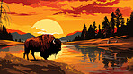 Illustrated sunset, Buffalo at watering hole. Serene, colorful and nature-inspired scene for art, decor and graphic displays. On a creative canvas with a touch of natural beauty.